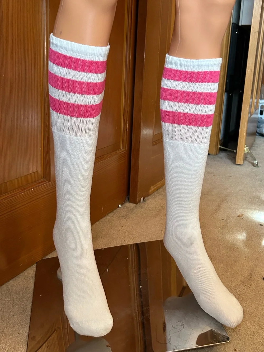 NWT, White Knee-High Socks with Stripes - Athletic Tube Socks